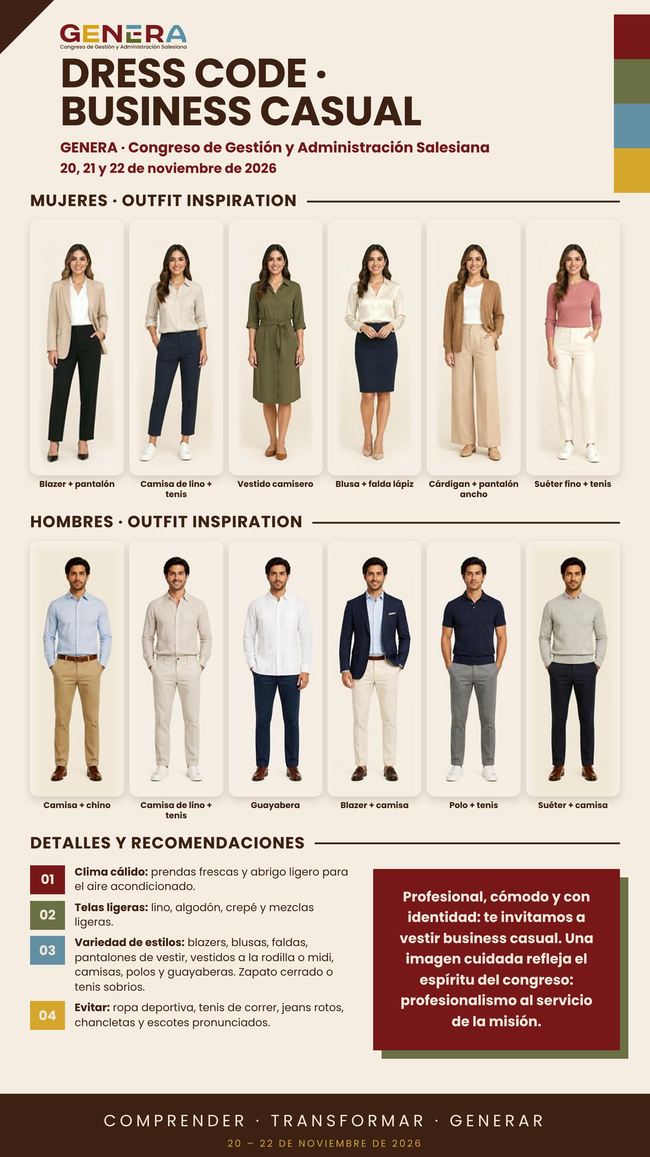 Ejemplos de vestimenta business casual para mujeres y hombres en GENERA